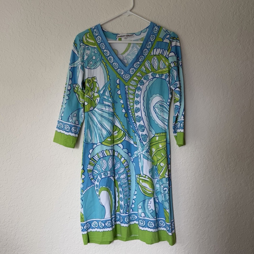 Barbara Gerwit Dress Sz Small Blue Green Cotton Cruise Resort Coastal Palm Beach
